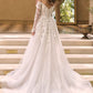 Vestido de Novia Escote corazón con Hombros Descubiertos, Mangas Ilusión Transparentes y Apliques de Encaje Floral en 3D, Color Off White