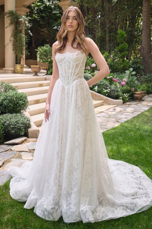 Vestido de Novia en Corte A con Escote Redondo, Corpiño Tipo Corsé y Delicados Tirantes con Perlas, Color Off White