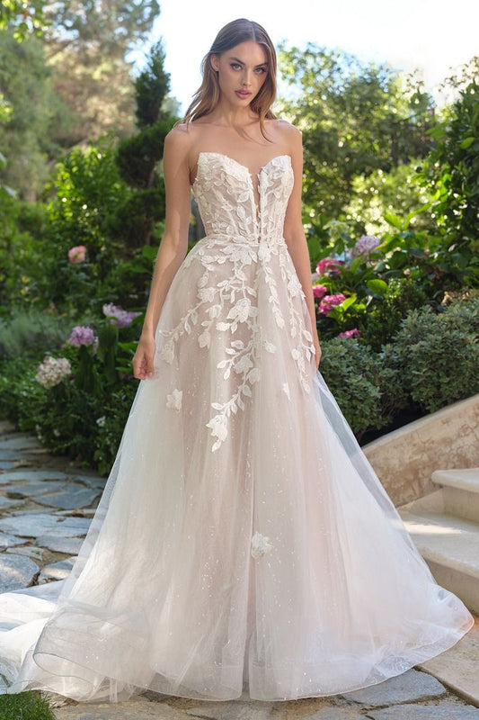 Vestido de Novia en Corte A , Tipo Corsé, con Escote Profundo Bordado Floral en 3D, Color Off White