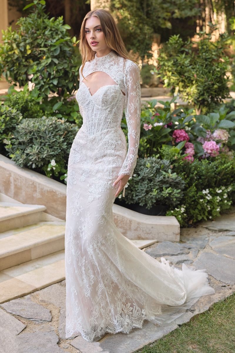 Vestido de Novia Corte Sirena de Encaje Con Bolero Desmontable, Color Off White Nude