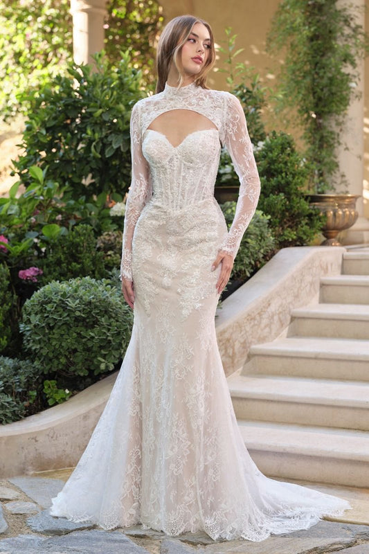 Vestido de Novia Corte Sirena de Encaje Con Bolero Desmontable, Color Off White Nude
