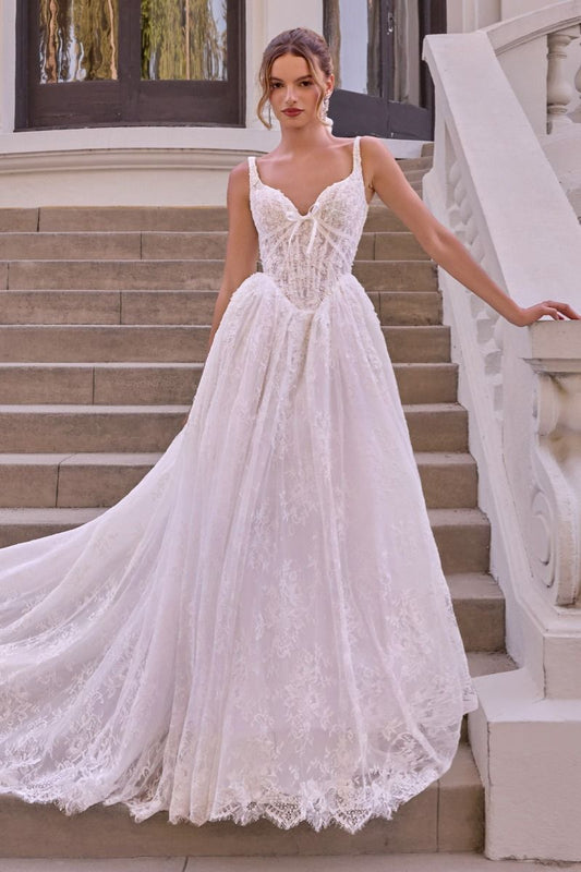 Vestido de Novia en Corte Princesa de Encaje con Aplicaciones, Escote Corazón y Tirantes, Color Off White