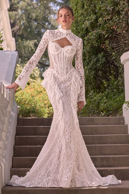 Vestido de Novia, Corte Sirena, de Encaje Floral, con Bolero Desmontable, Escote Corazón, Corsé y Cauda Larga, Color Off White