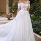Vestido de Novia Escote ilusión con hombros descubiertos, apliques florales y mangas drapeadas transparentes.