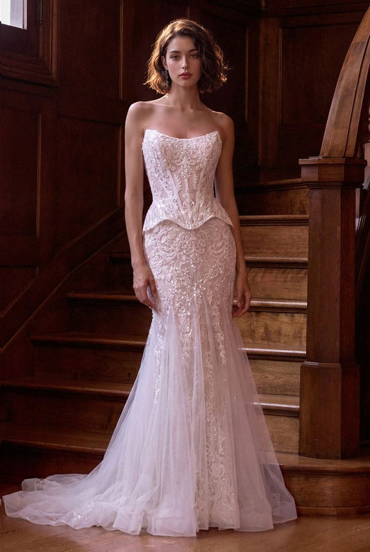 Vestido de Novia Corte Sirena, Escote Redondo, Corpiño Tipo Corsé, De Encaje con Aplicaciones y Tul, Color Off White