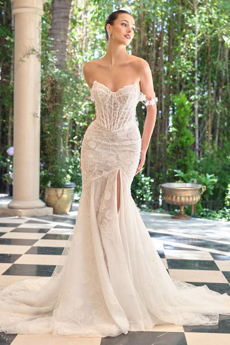 Vestido de Novia de Tul Bordado con Aplique de Encaje Dimensional y Tirantes Florales con Hombros Descubiertos, Color Off White