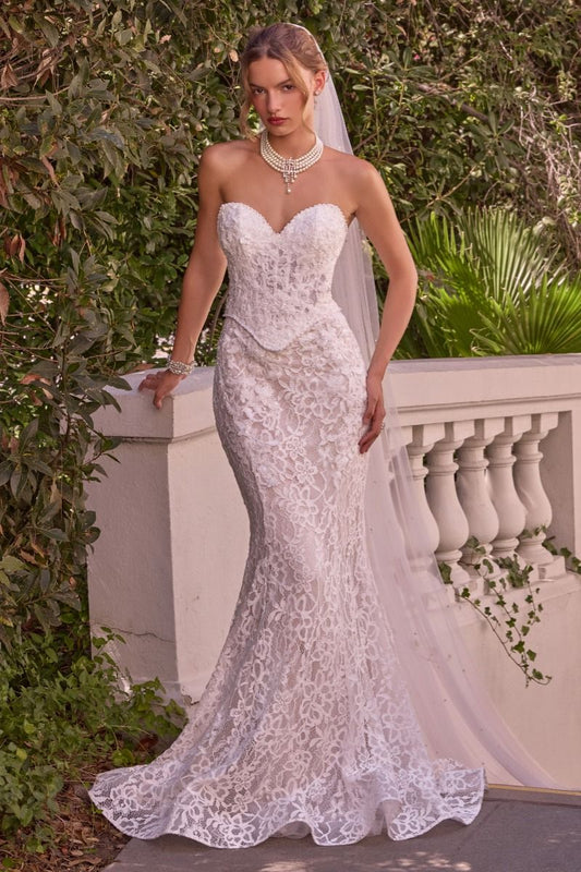 Vestido de Novia Corte Sirena Escote corazón sin Tirantes con Cuerpo Estilo Corsé, Aplicaciones de Encaje Floral y Detalles de Perlas, Color Off White