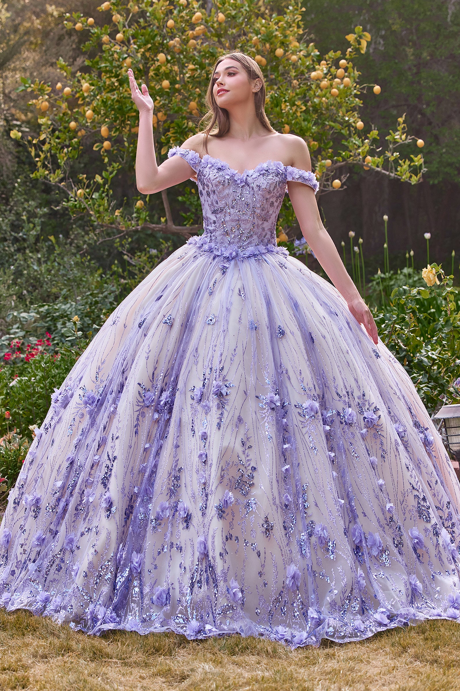 Vestido morado floral quinceanera sin hombros XL