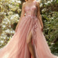 Vestido rosa de tul en capas brillante tipo corsé con transparencias y estampado floral a un hombro con abertura lateral
