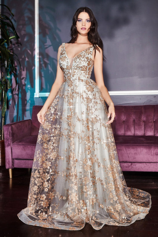 Vestido de noche adornado con estampado floral brillante y escote en V en color gold sage
