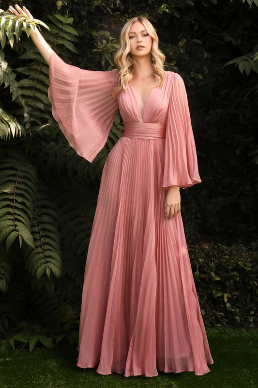 Vestido de Chifón Plisado de Manga Larga Color Rose Gold