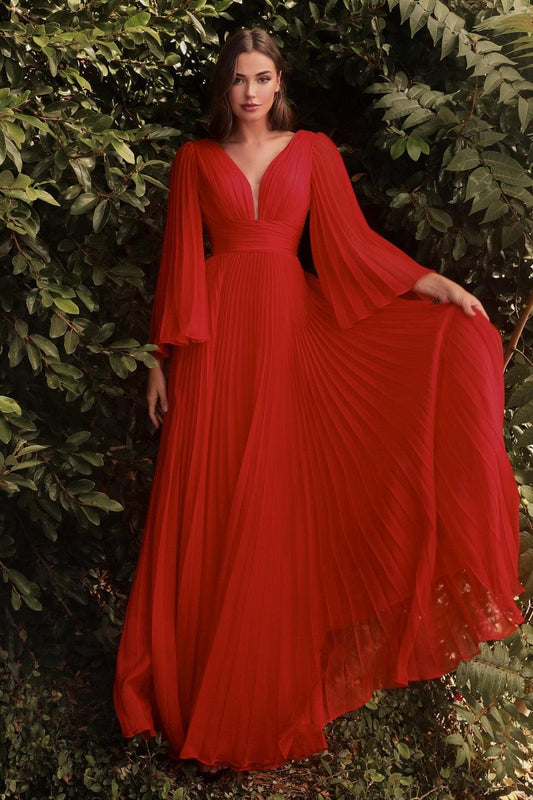 Vestido de Chifón Plisado de Manga Larga Color Red.