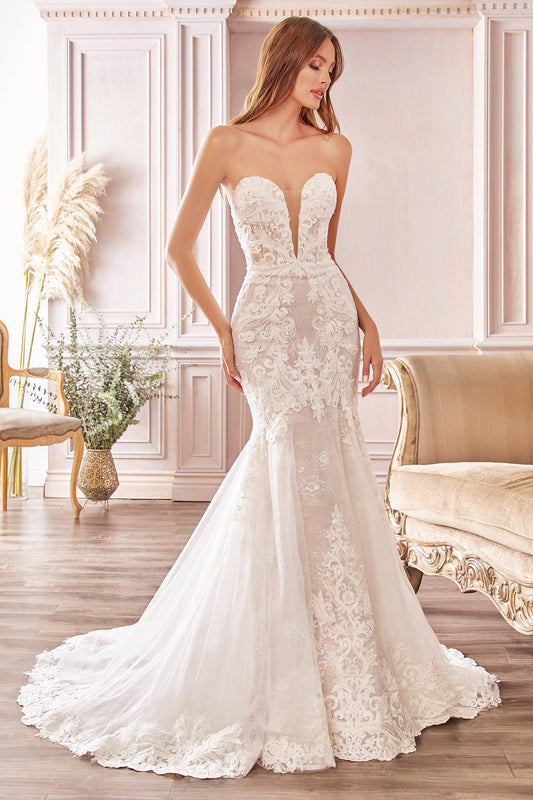Vestido de novia con encaje sin tirantes y escote profundo