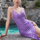 Vestido de noche ajustado de tirantes de lentejuela con abertura color Lavender.