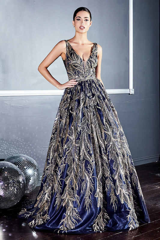 Vestido de noche corte evasé con estampado floral y una voluminosa falda color gold navy